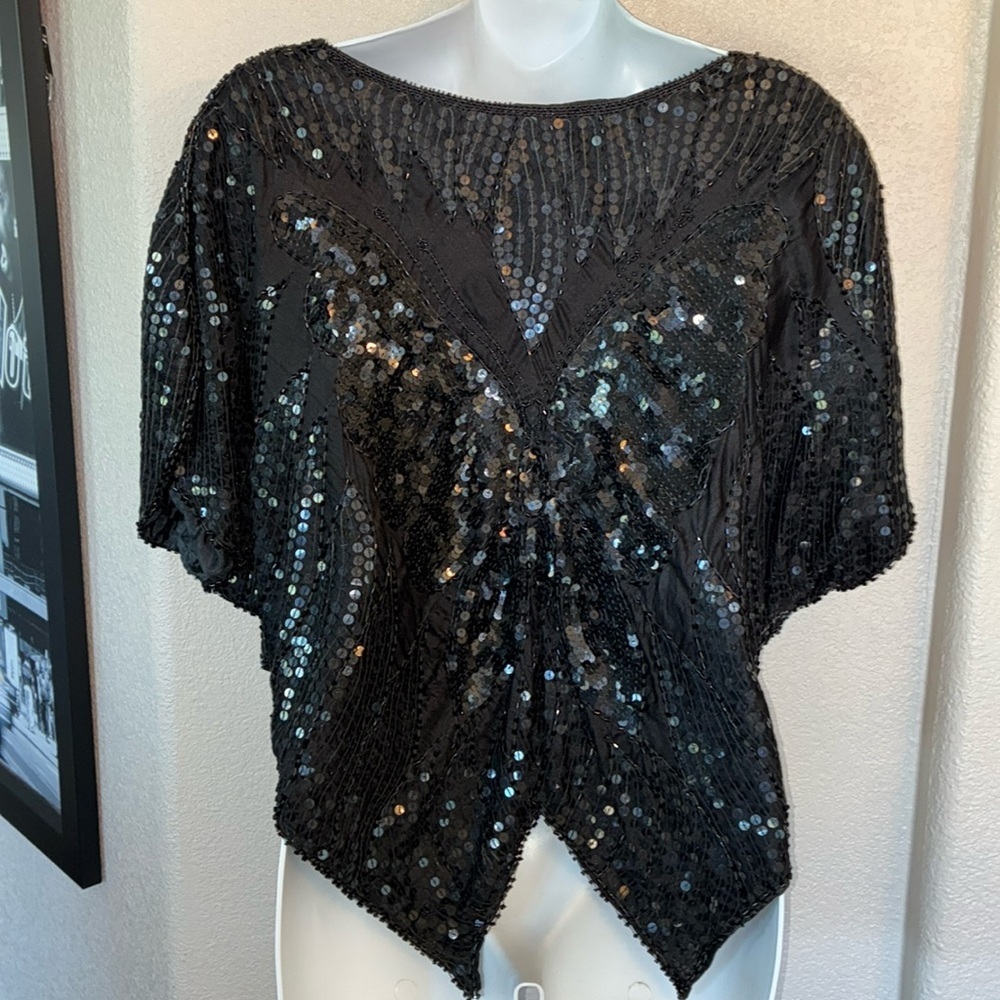 LINSIANO VTG butterfly wing top XXL, black sequined/beaded wings front/back. EUC - Picture 3 of 16